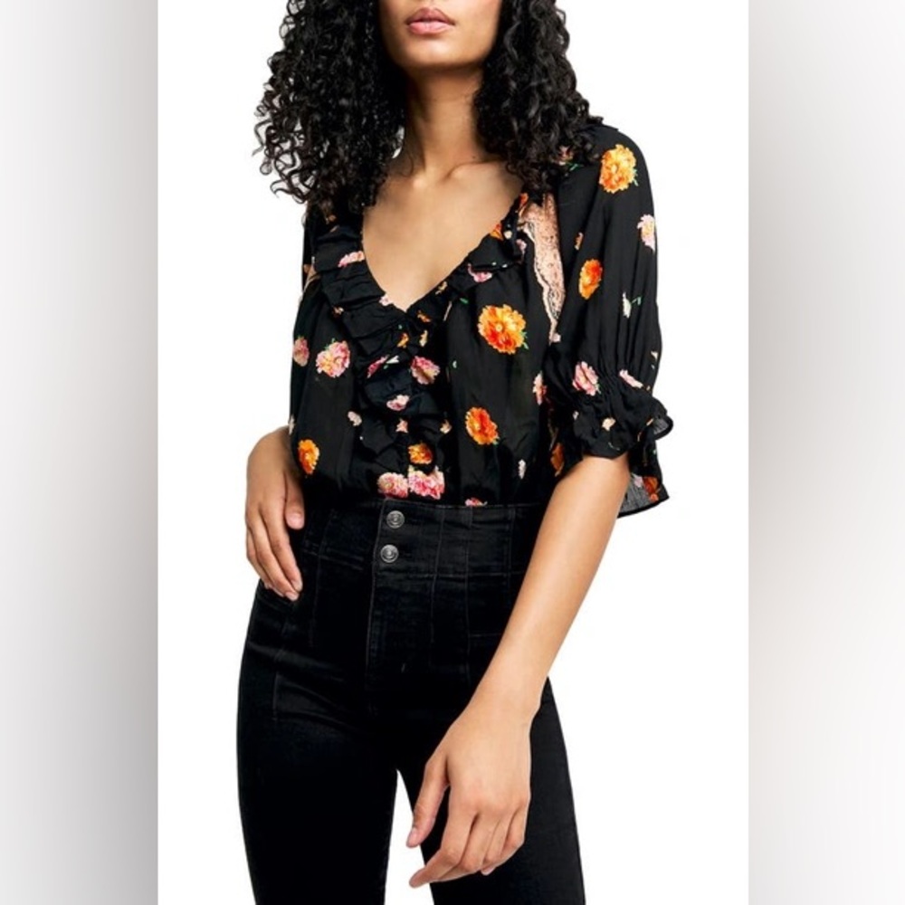 Free People "Poppy Ruffle" Floral Lace Bodysuit in Black & Orange - Size Small